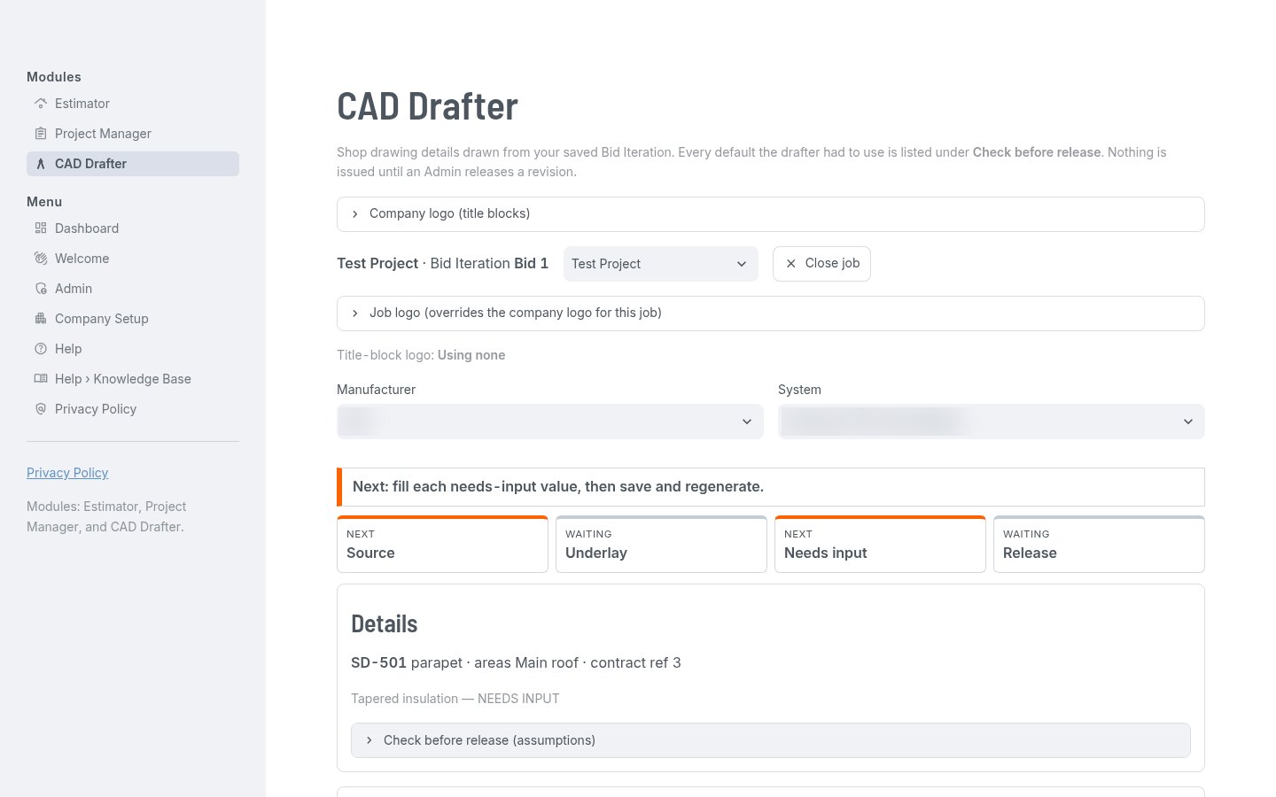 D3 CAD Drafter screen for shop drawing details with release checklist