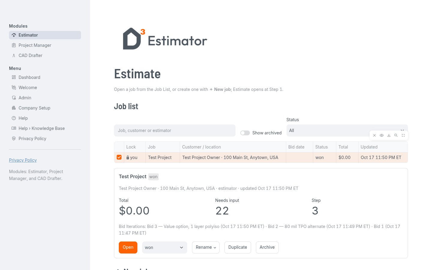 D3 Estimator job list with a sample test project and its bid iterations