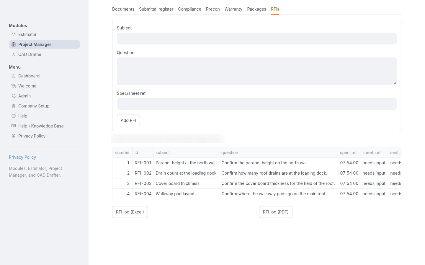 D3 Project Manager RFI log with sample questions and spec references