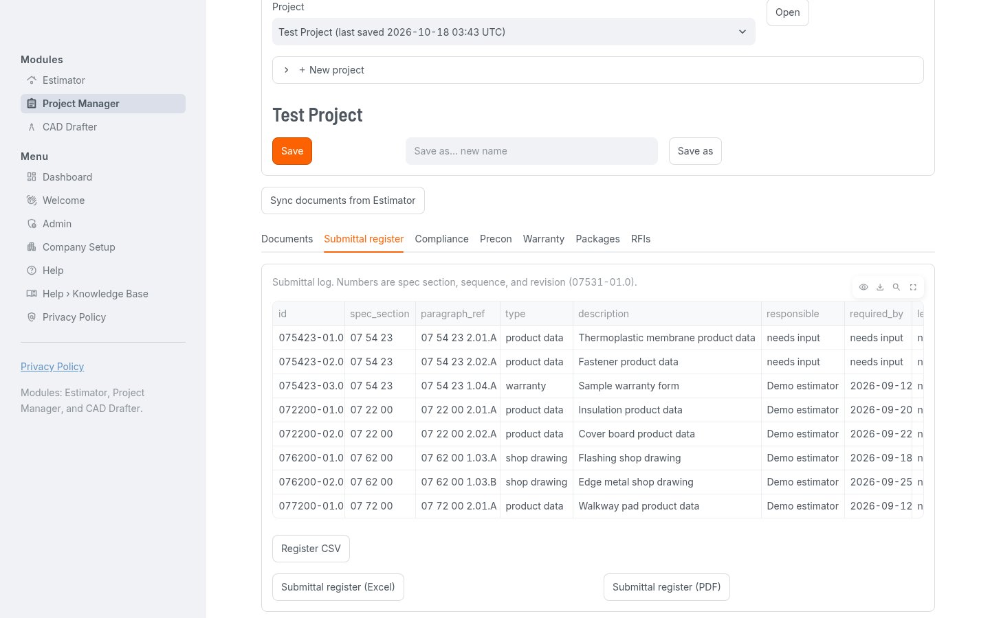 D3 Project Manager submittal register listing spec sections, types and due dates
